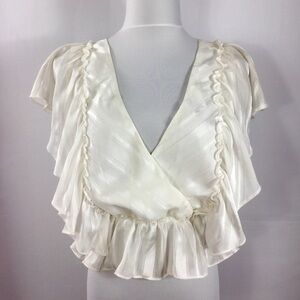 Saints + Secrets Deep-V Surplice Neck Layered Ruffle Cropped Top - White Size M